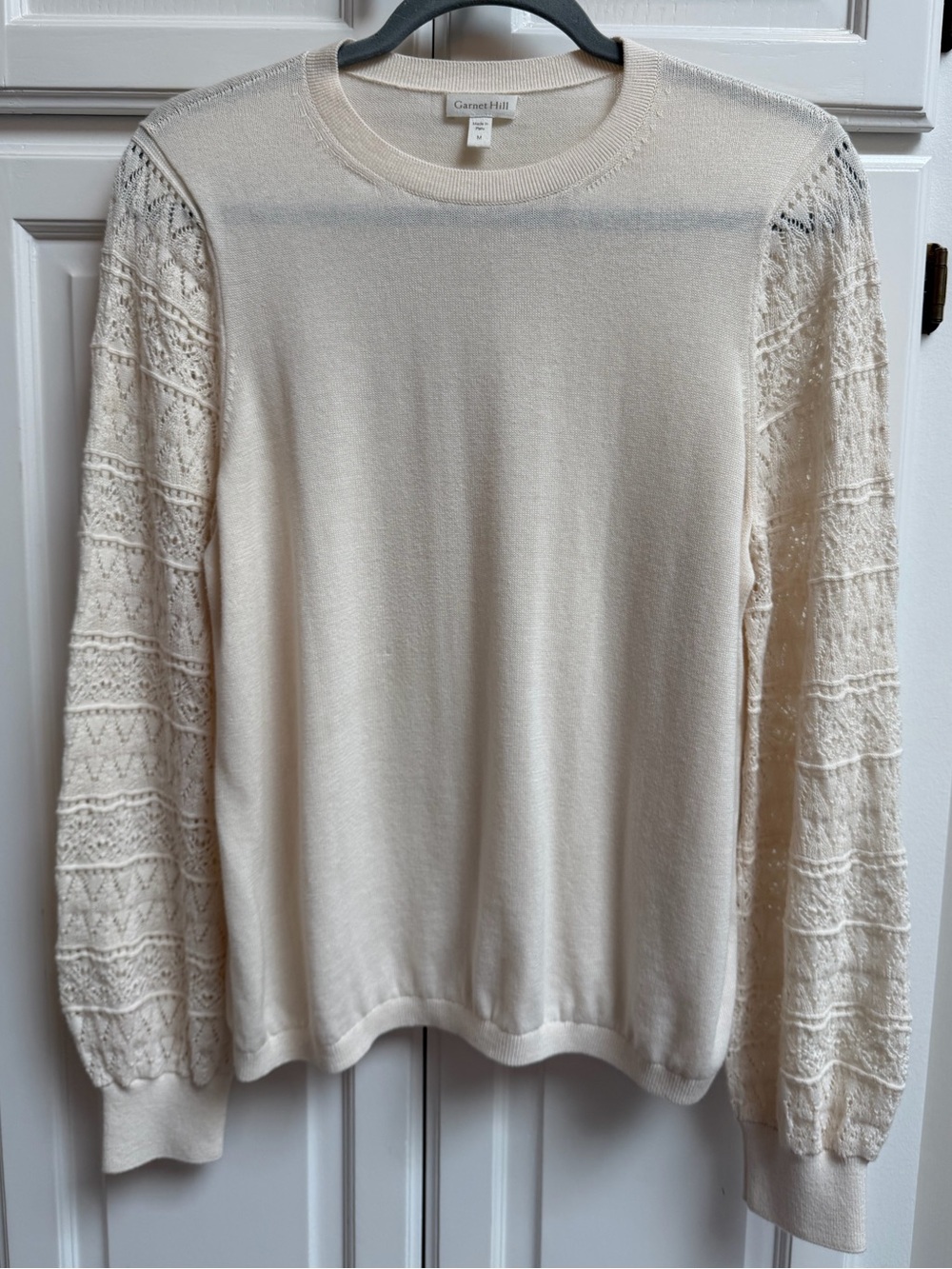 Garnet Hill Pima Cotton Lace Sleeve Knit Sweater Cream Size Medium